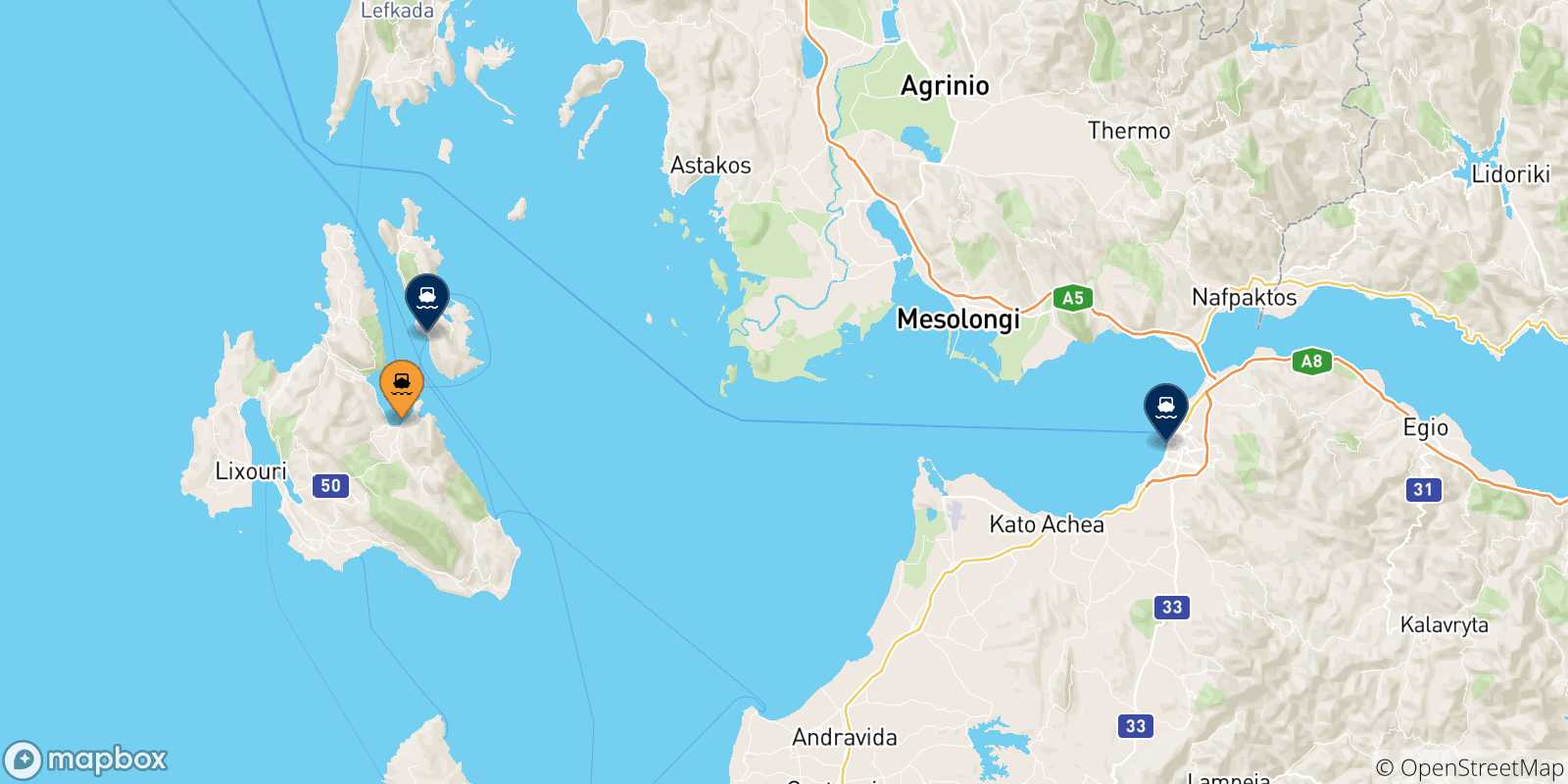 Carte des traversées possibles entre Sami (Céphalonie) et la Grèce