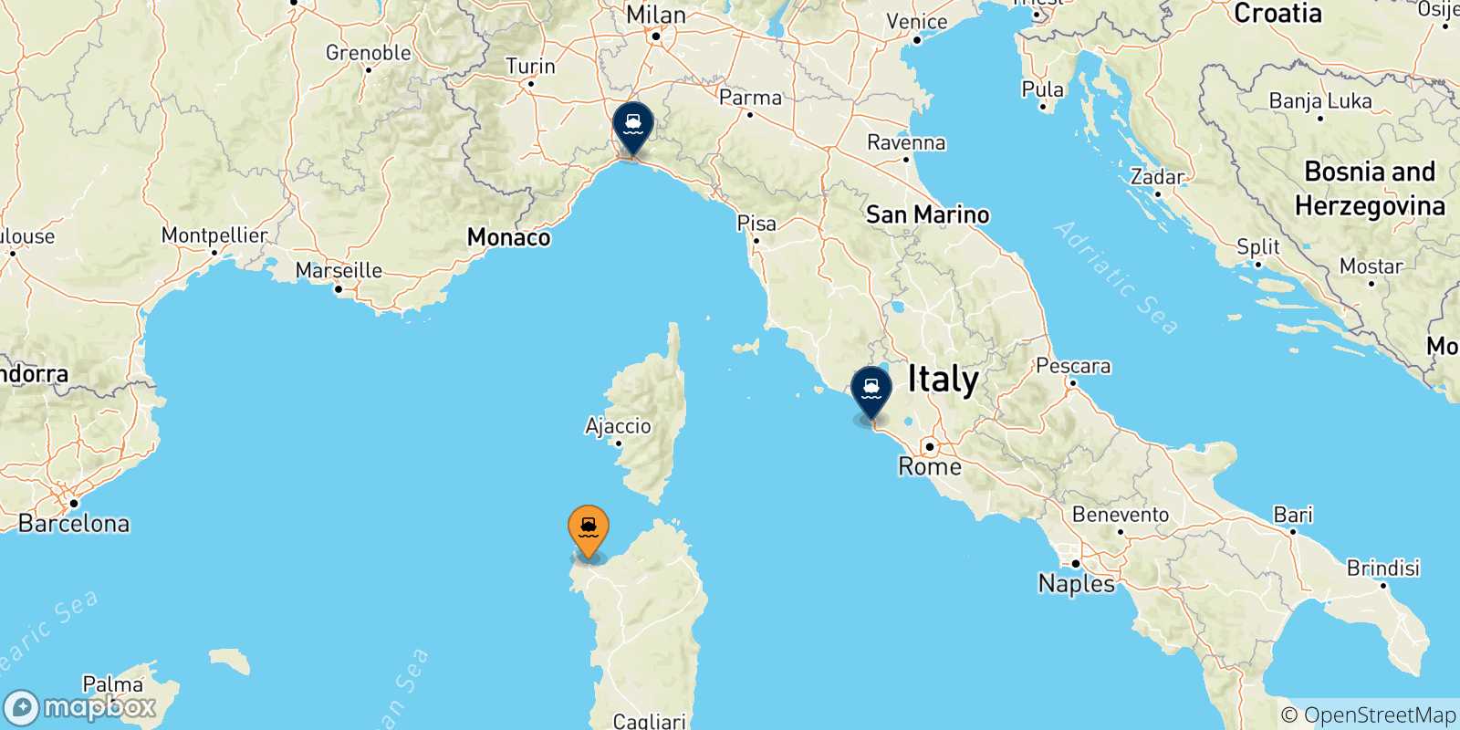 Carte des traversées possibles entre Porto Torres et l'Italie