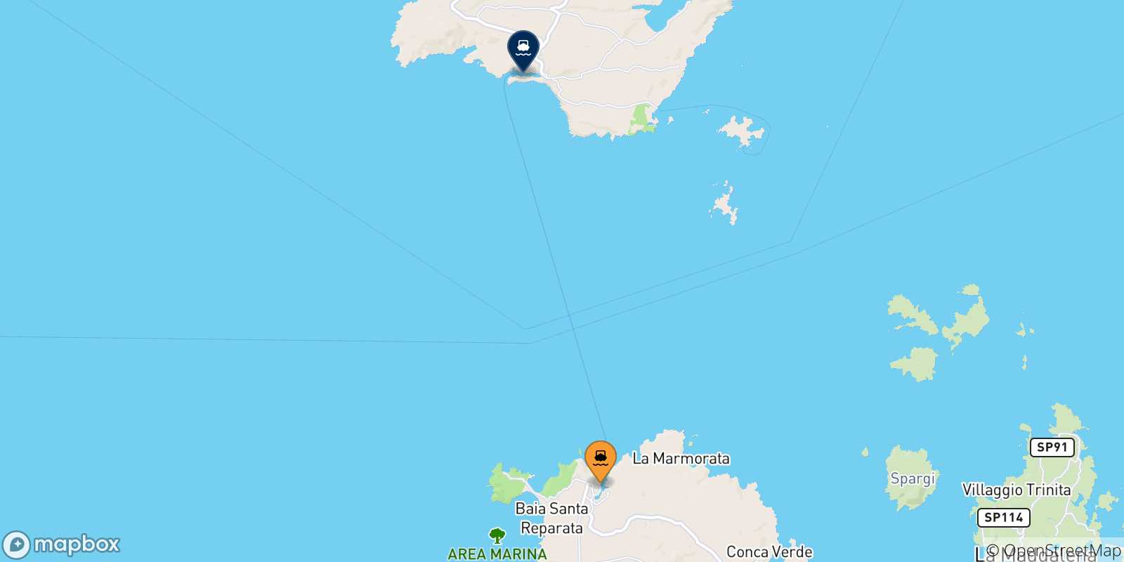 Carte des traversées possibles entre Santa Teresa De Gallura et la France