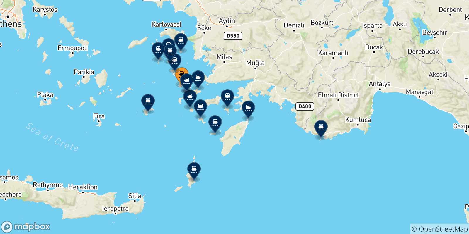 Carte des traversées possibles entre Kalymnos et Îles Du Dodécanèse