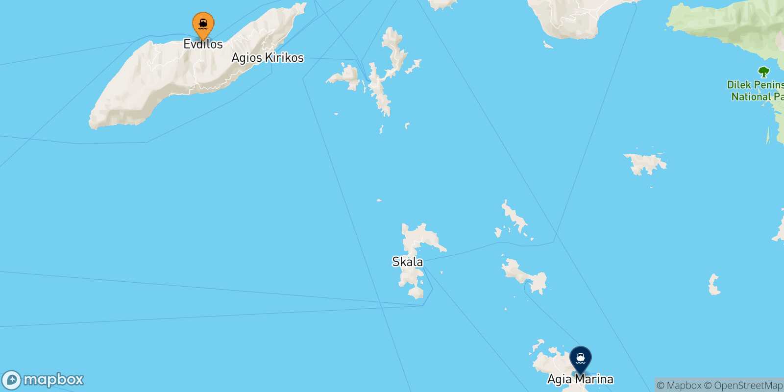 Carte des traverséesAgios Kirikos (Ikaria) Leros
