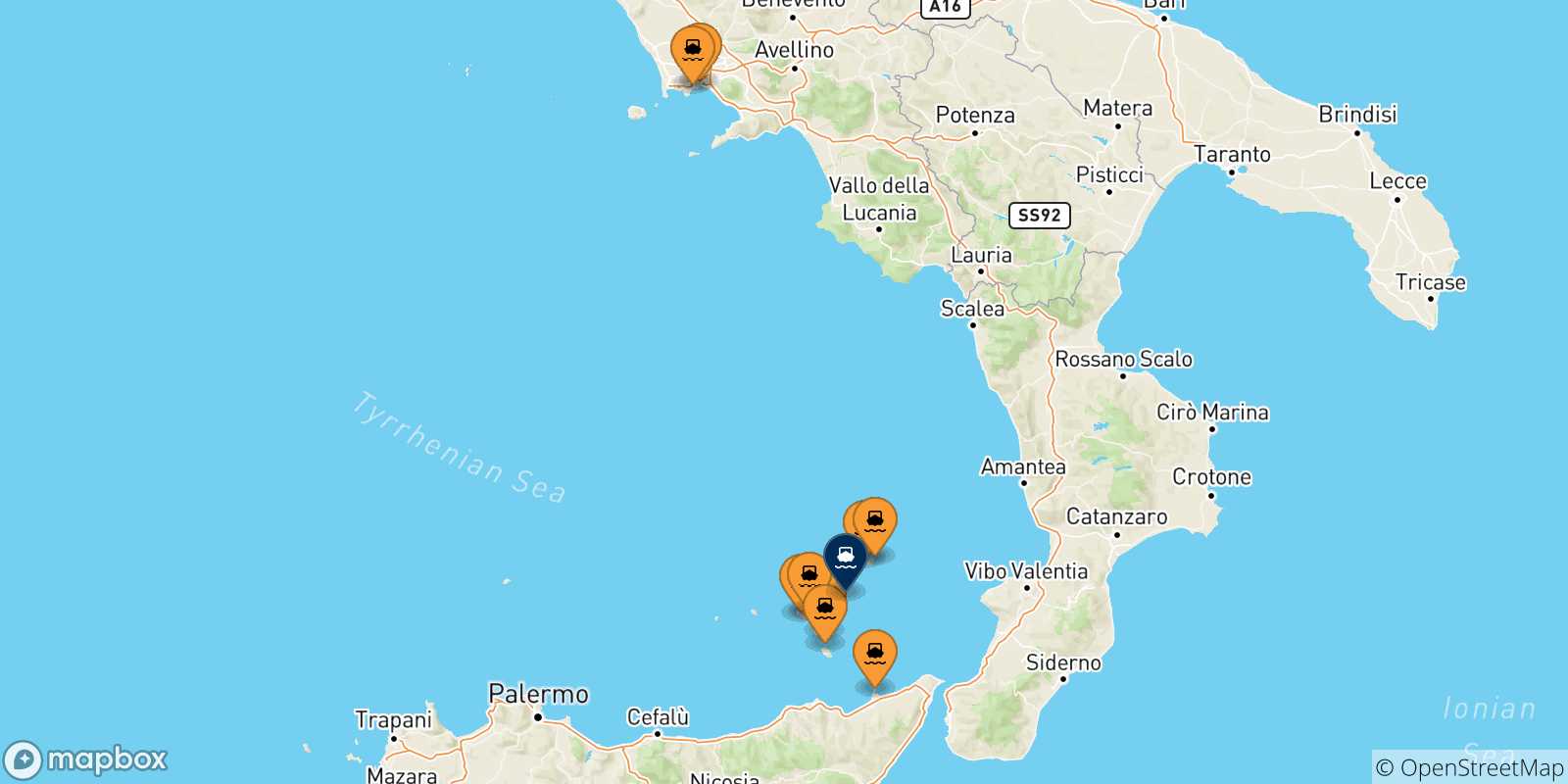 Carte des traversées possibles entre l'Italie et Panarea