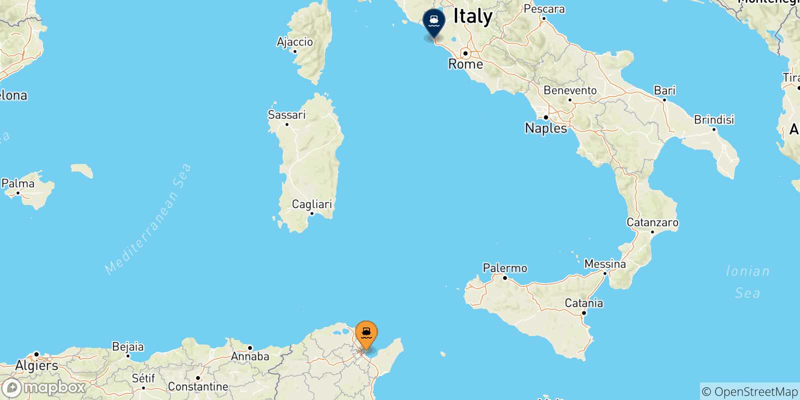 Carte des traversées possibles entre la Tunisie et Civitavecchia