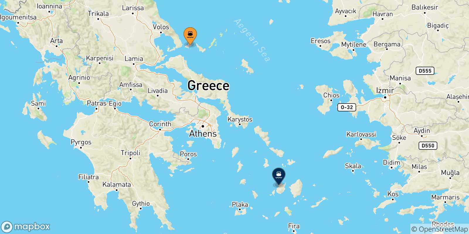 Carte des traversées possibles entre les Îles Sporades et Paros