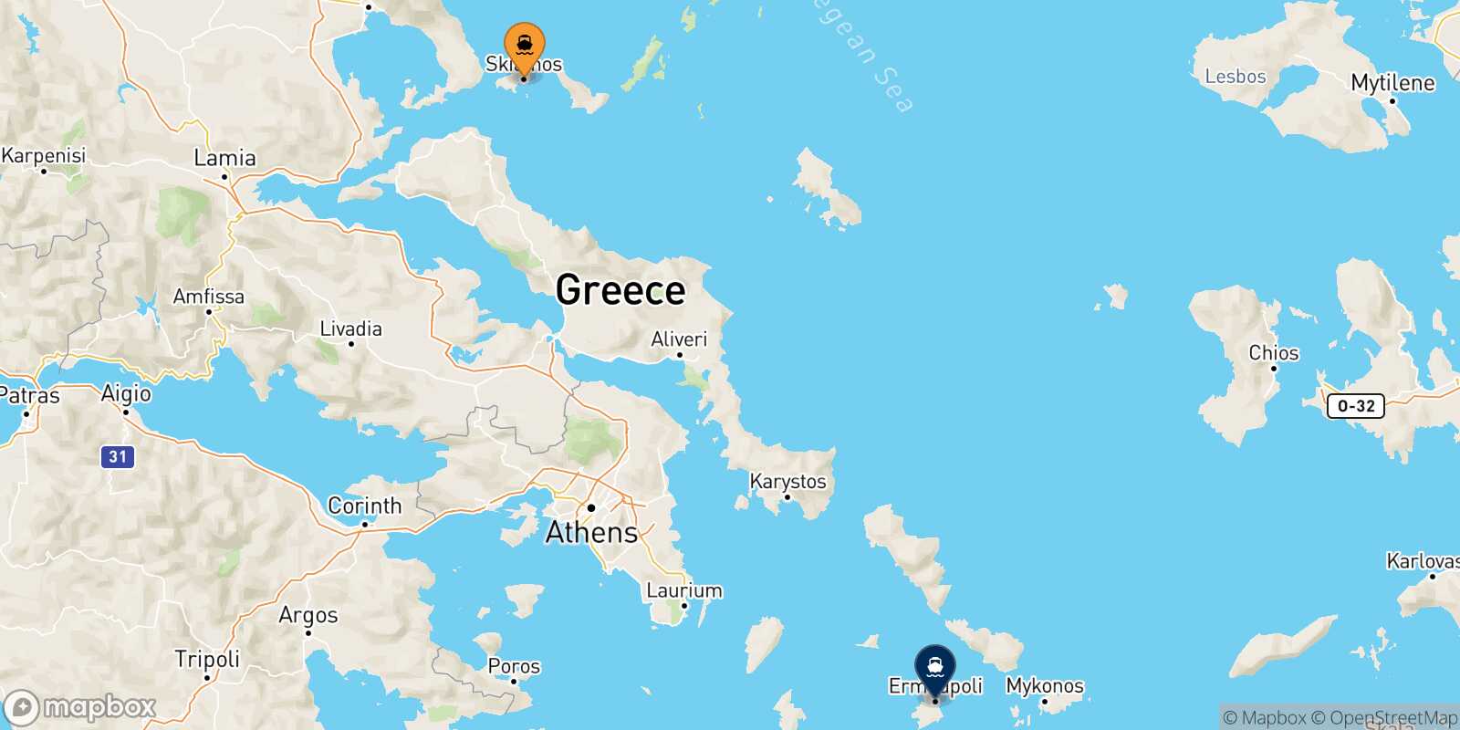 Carte des traverséesSkiathos Syros