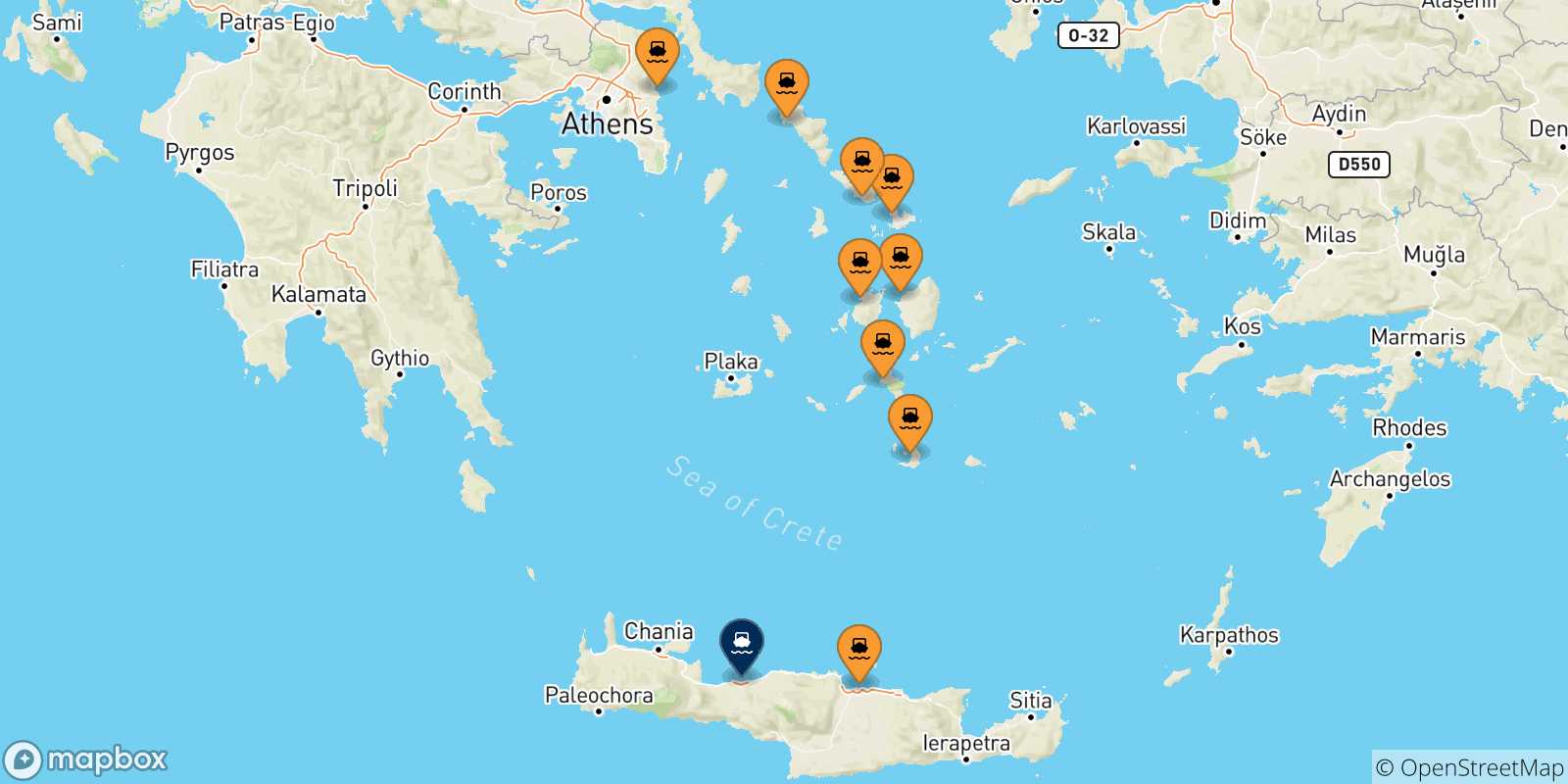 Carte des traversées possibles entre la Grèce et Rethymnon