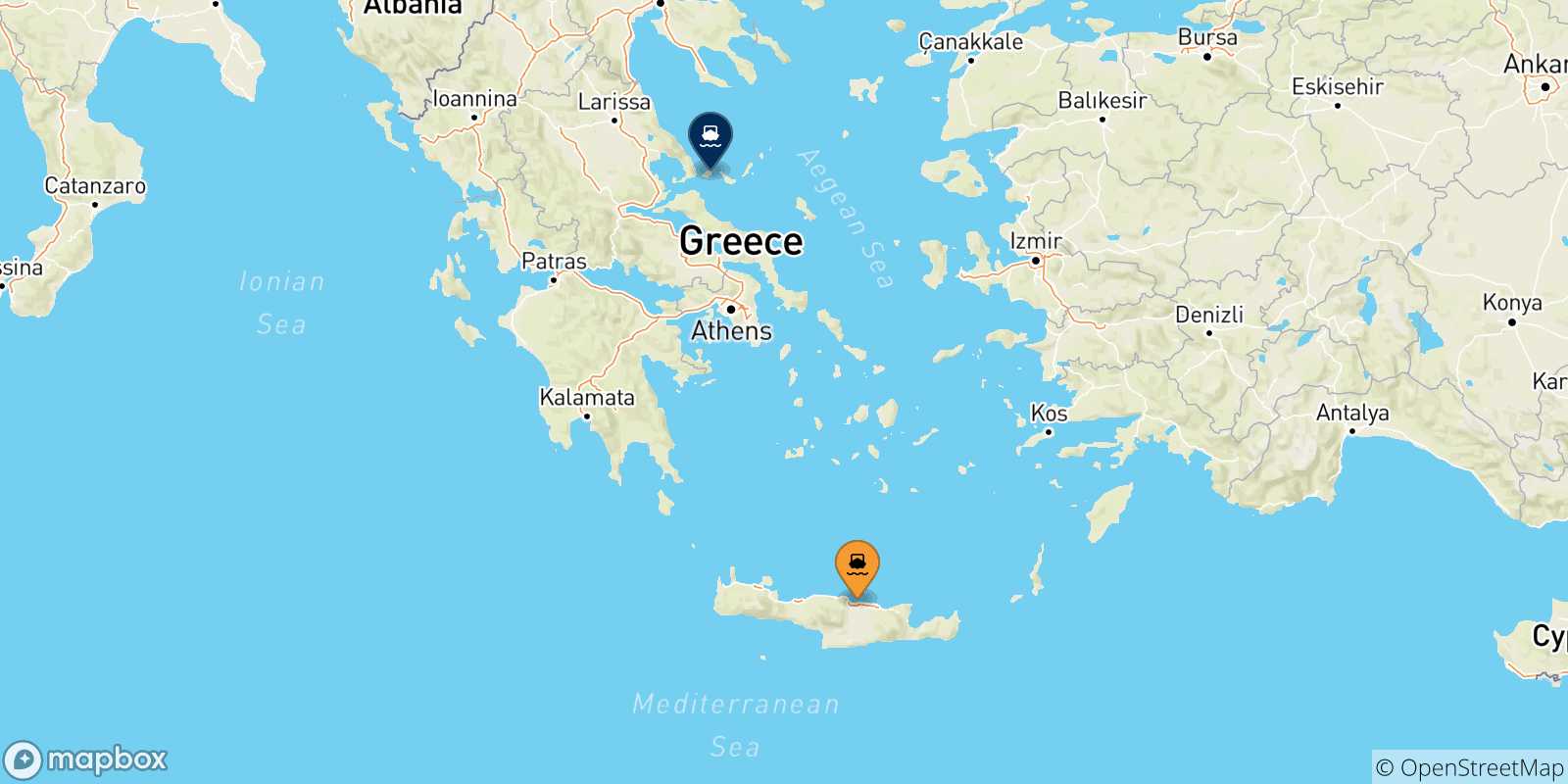 Carte des traversées possibles entre la Crète et Skiathos