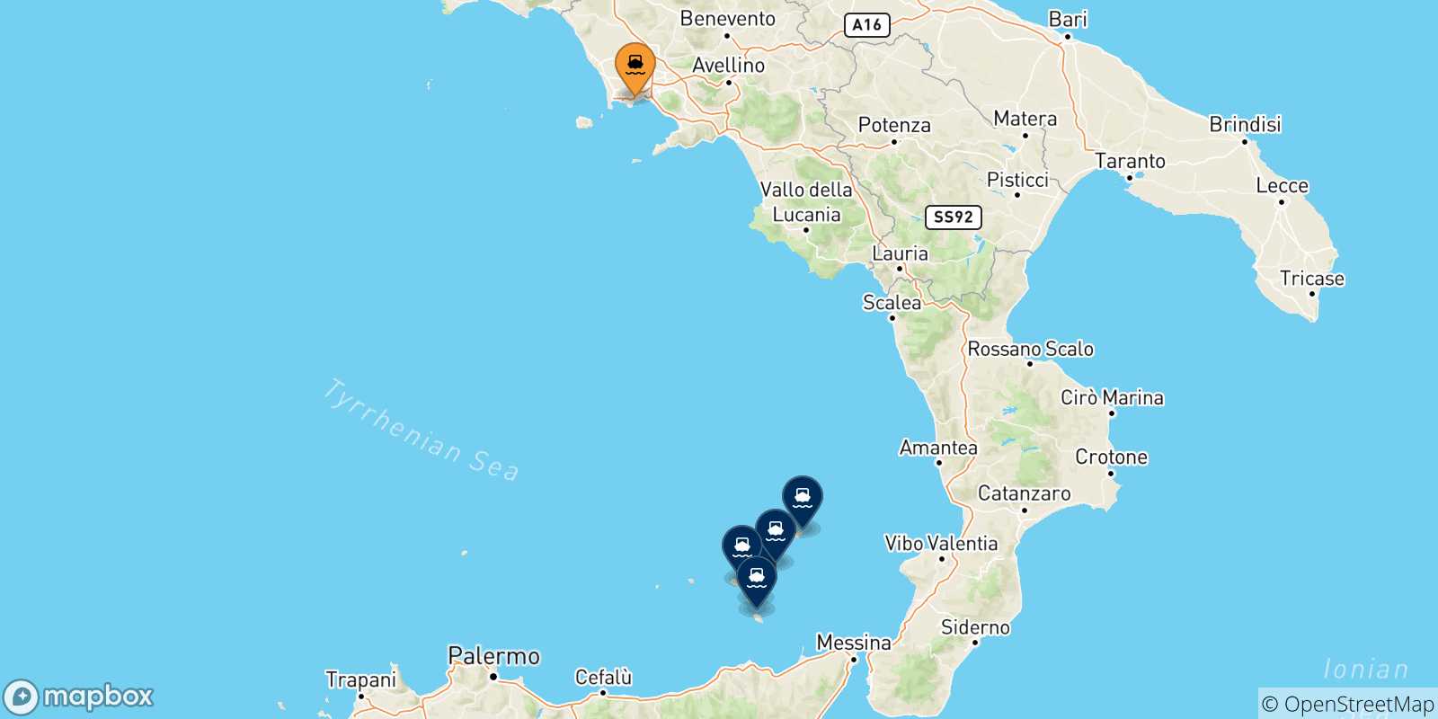 Carte des traversées possibles entre Naples Mergellina et les Îles Éoliennes