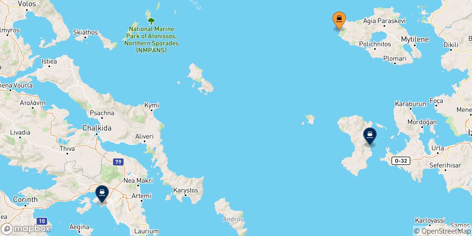Carte des traversées possibles entre Sigri (Lesvos) et la Grèce