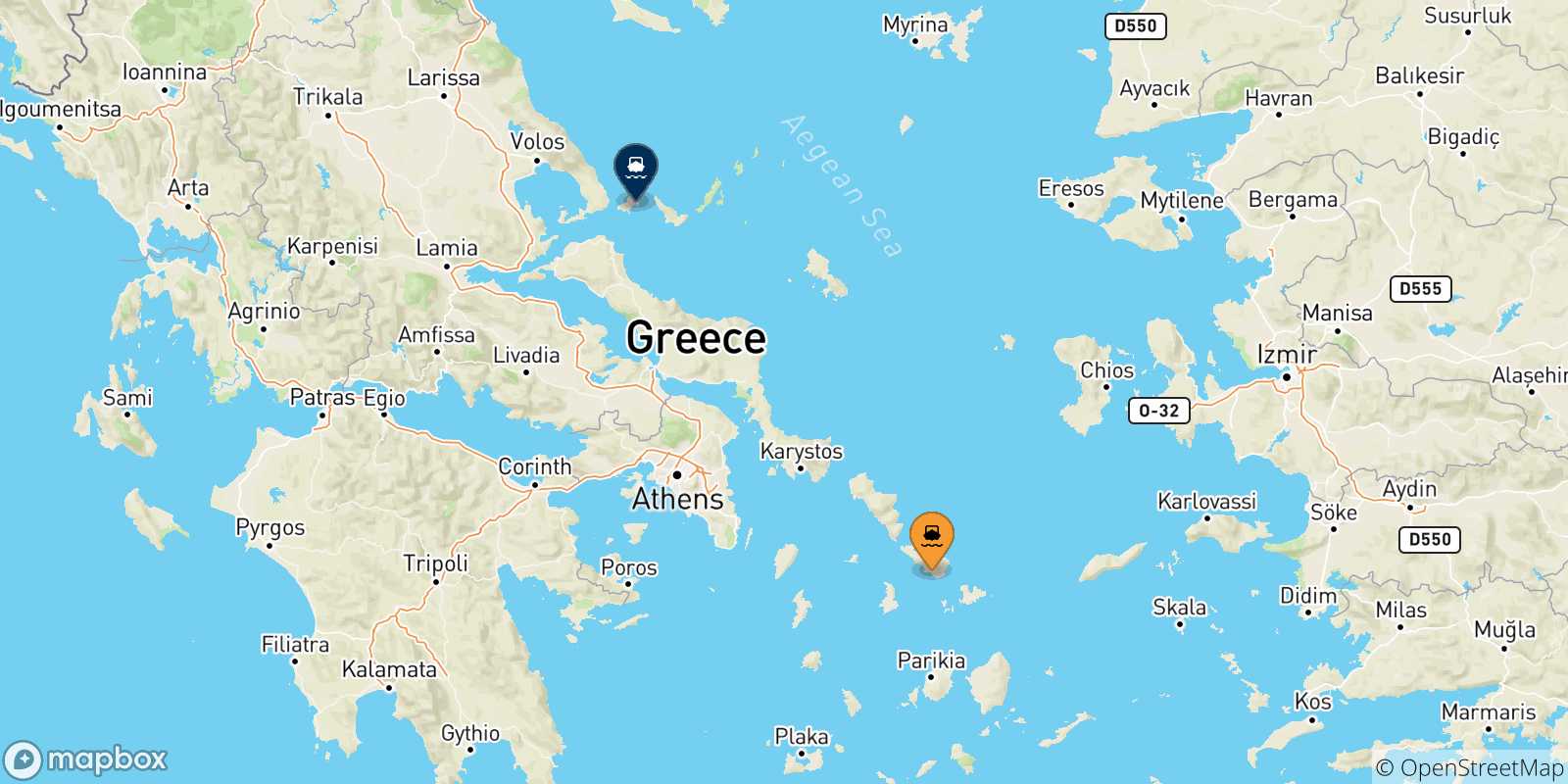 Carte des traversées possibles entre Tinos et les Îles Sporades
