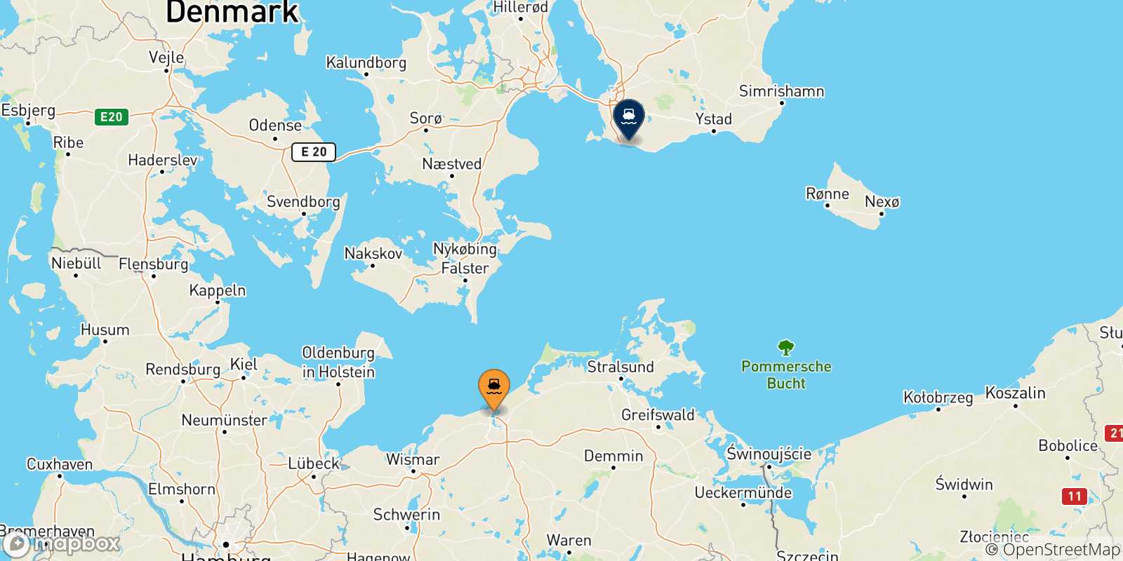 Carte des traversées possibles entre Rostock et la Suède