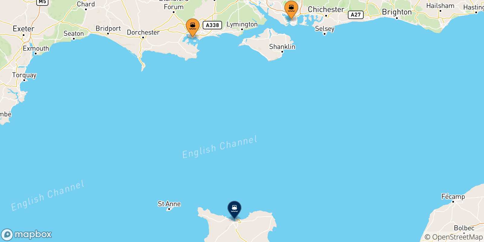Carte des traversées possibles entre l'Angleterre et Cherbourg
