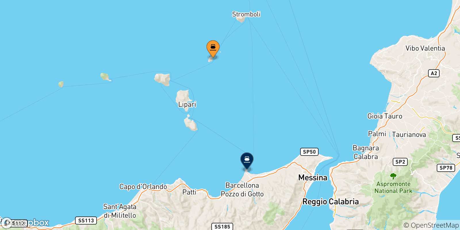 Carte des traversées possibles entre Panarea et la Sicile