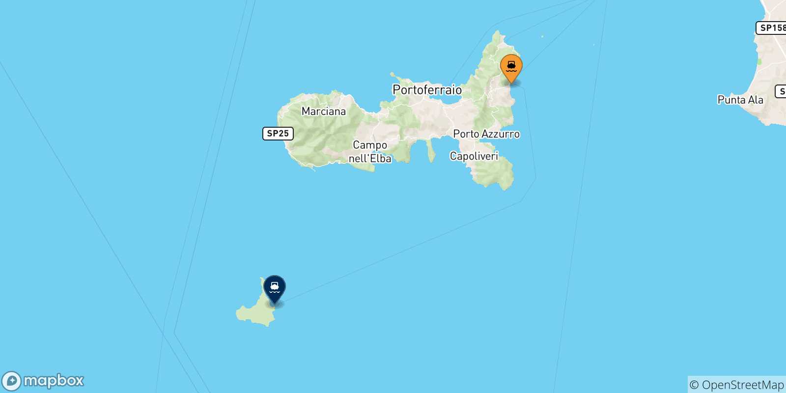 Carte des traversées possibles entre l'Île D'elbe et l'Île De Pianosa