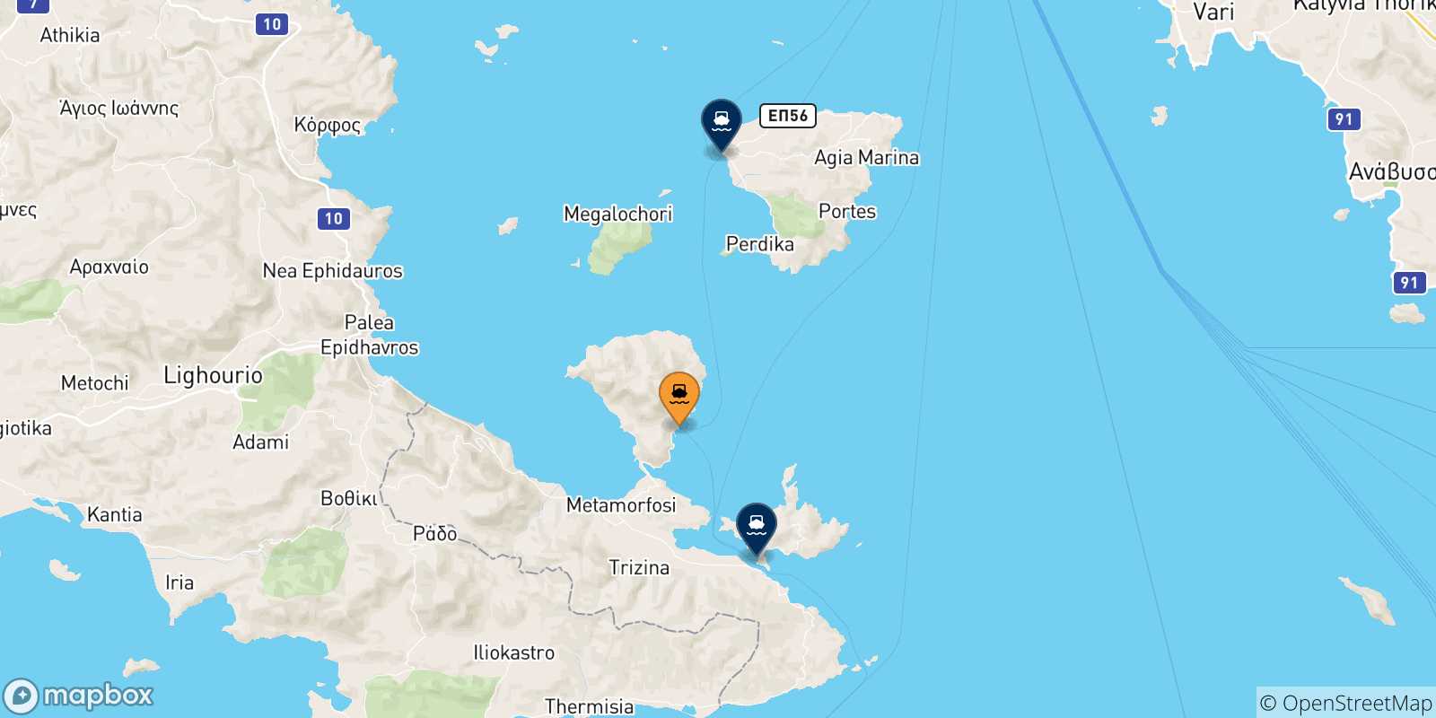 Carte des traversées possibles entre Methana et les Îles Saroniques