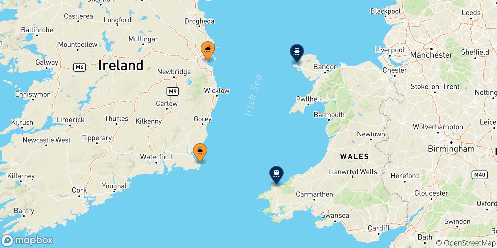 Carte des traversées possibles entre Irlande et le Royaume-uni