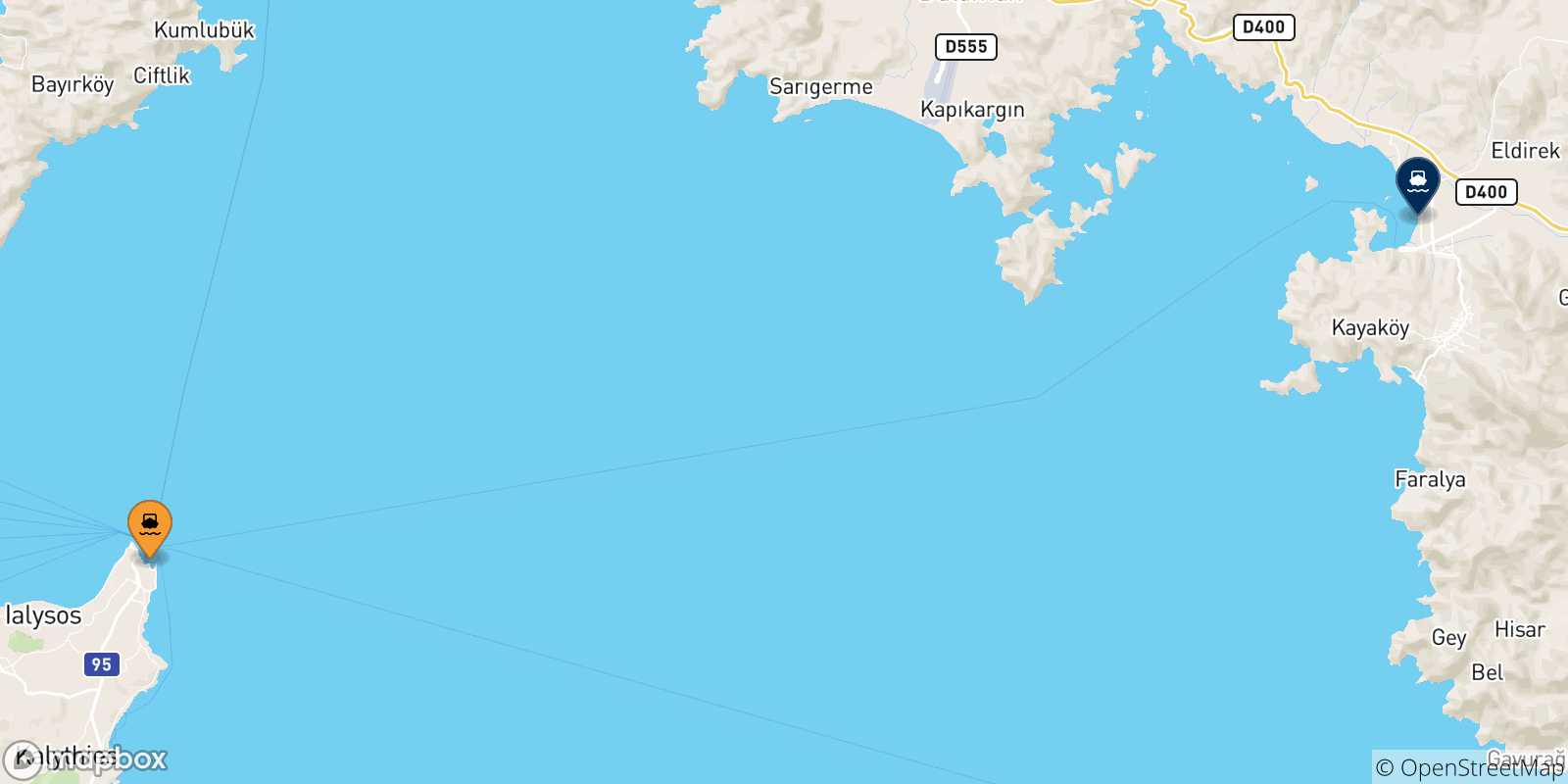 Carte des traversées possibles entre la Grèce et Fethiye