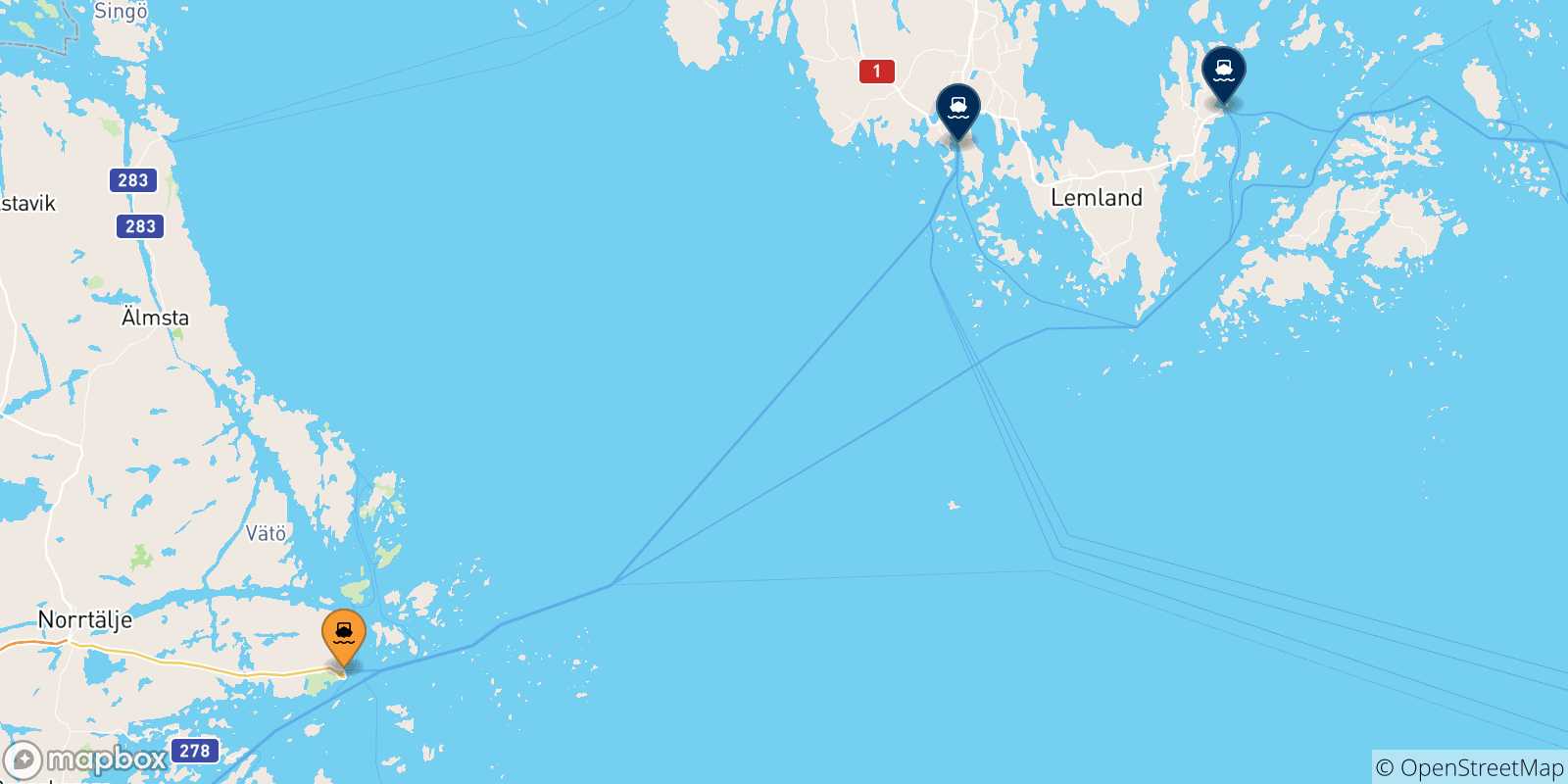 Carte des traversées possibles entre Kapellskär et les Îles Aland