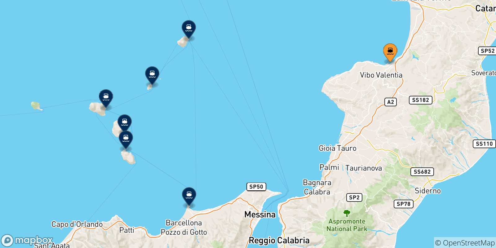 Carte des traversées possibles entre Vibo Valentia et l'Italie