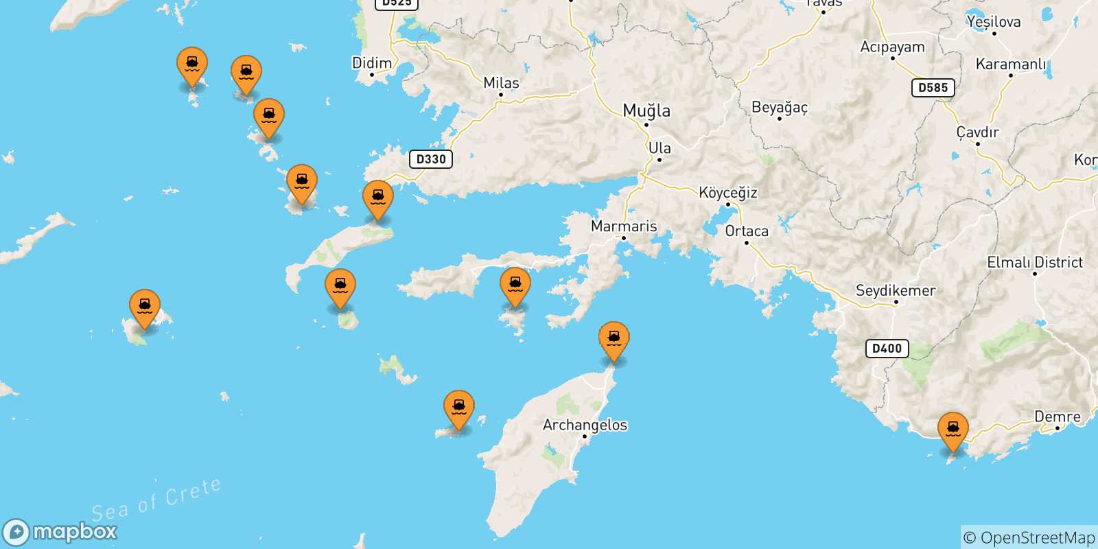 Carte des traversées possibles entre Îles Du Dodécanèse et Tilos