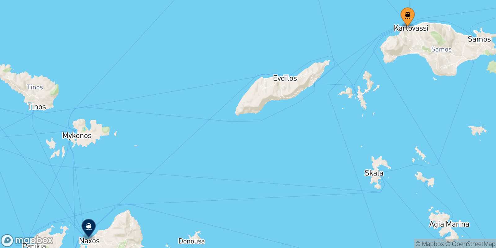 Carte des traverséesKarlovassi (Samos) Naxos