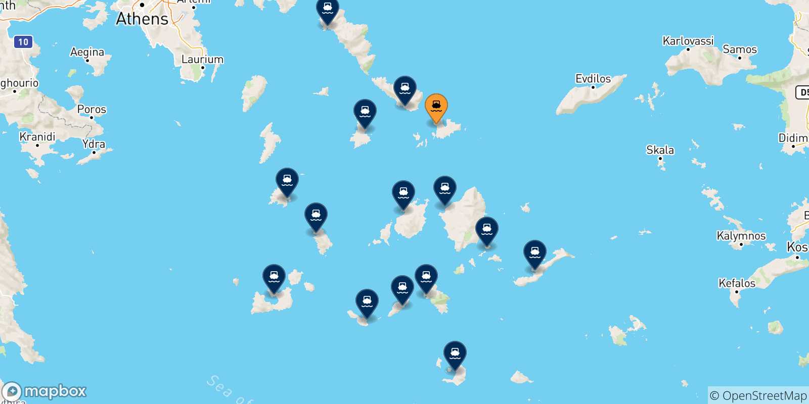 Carte des traversées possibles entre Mykonos et Îles Des Cyclades
