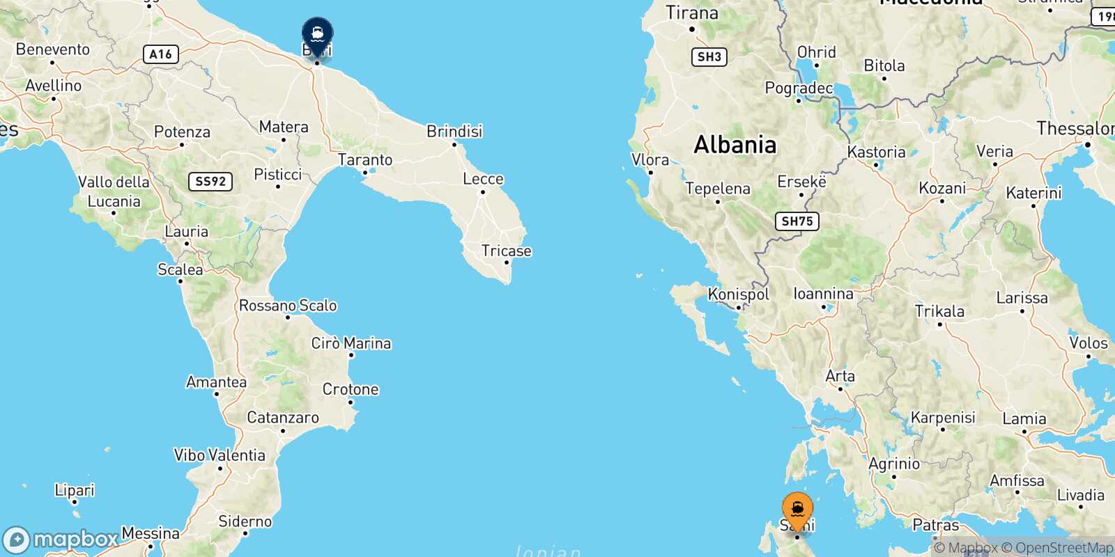 Carte des traverséesSami (Céphalonie) Bari