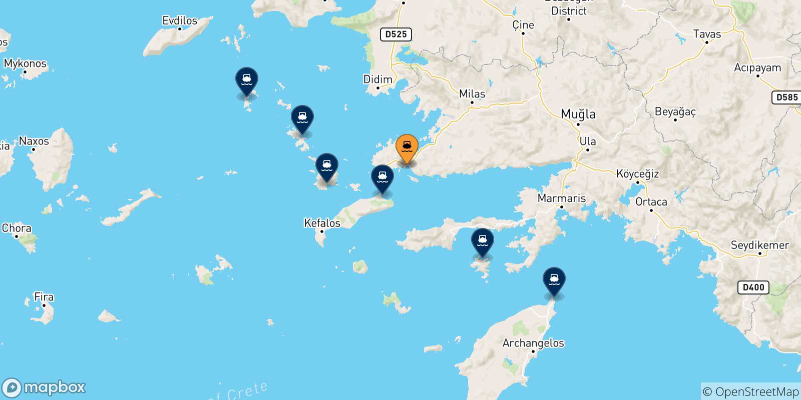 Carte des traversées possibles entre la Turquie et Îles Du Dodécanèse