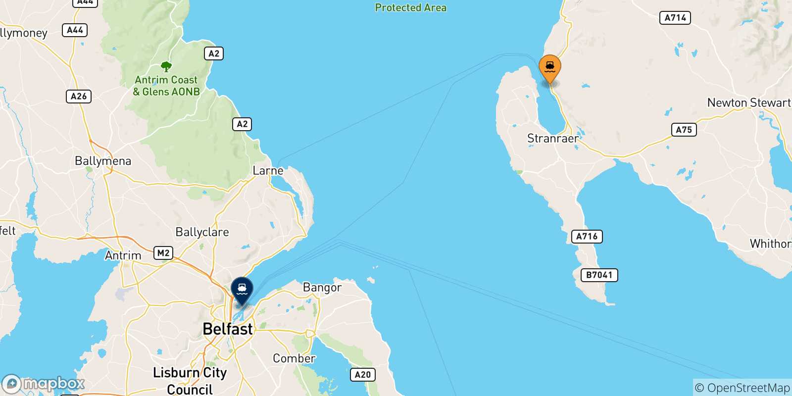 Carte des traversées possibles entre Écosse et Irlande Du Nord