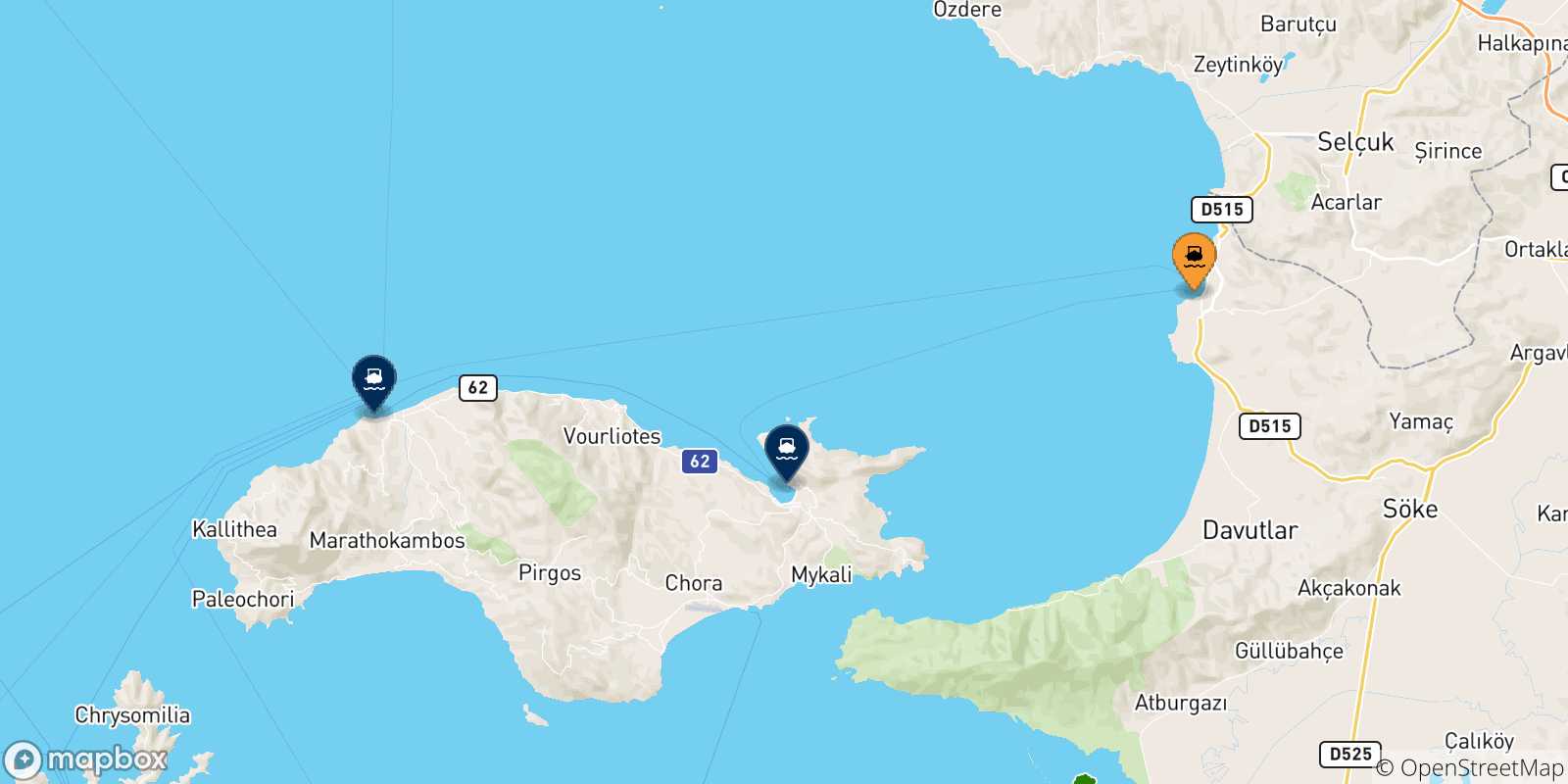 Carte des traversées possibles entre Kusadasi et les Îles Égéennes