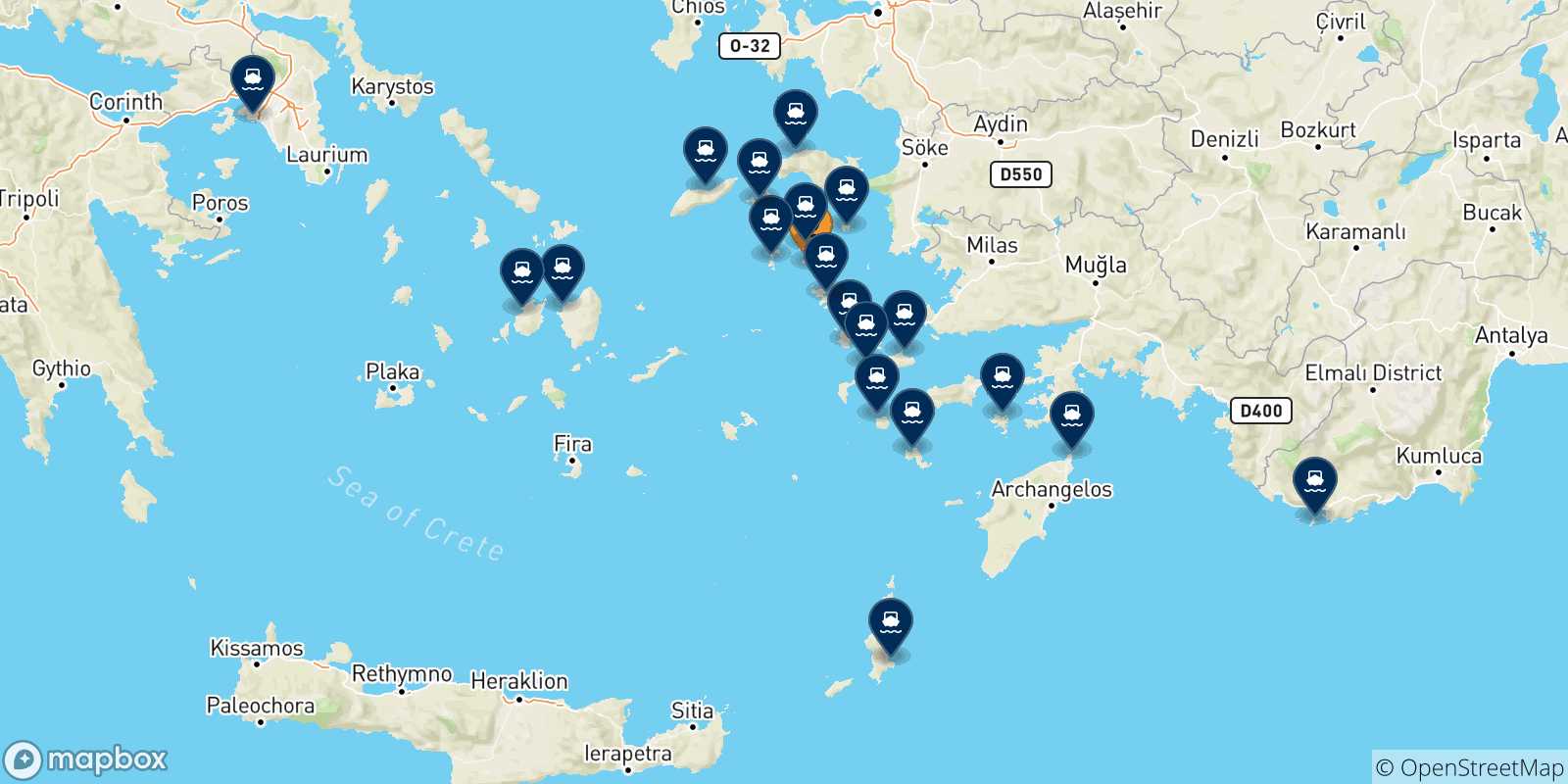 Carte des traversées possibles entre Lipsi et la Grèce