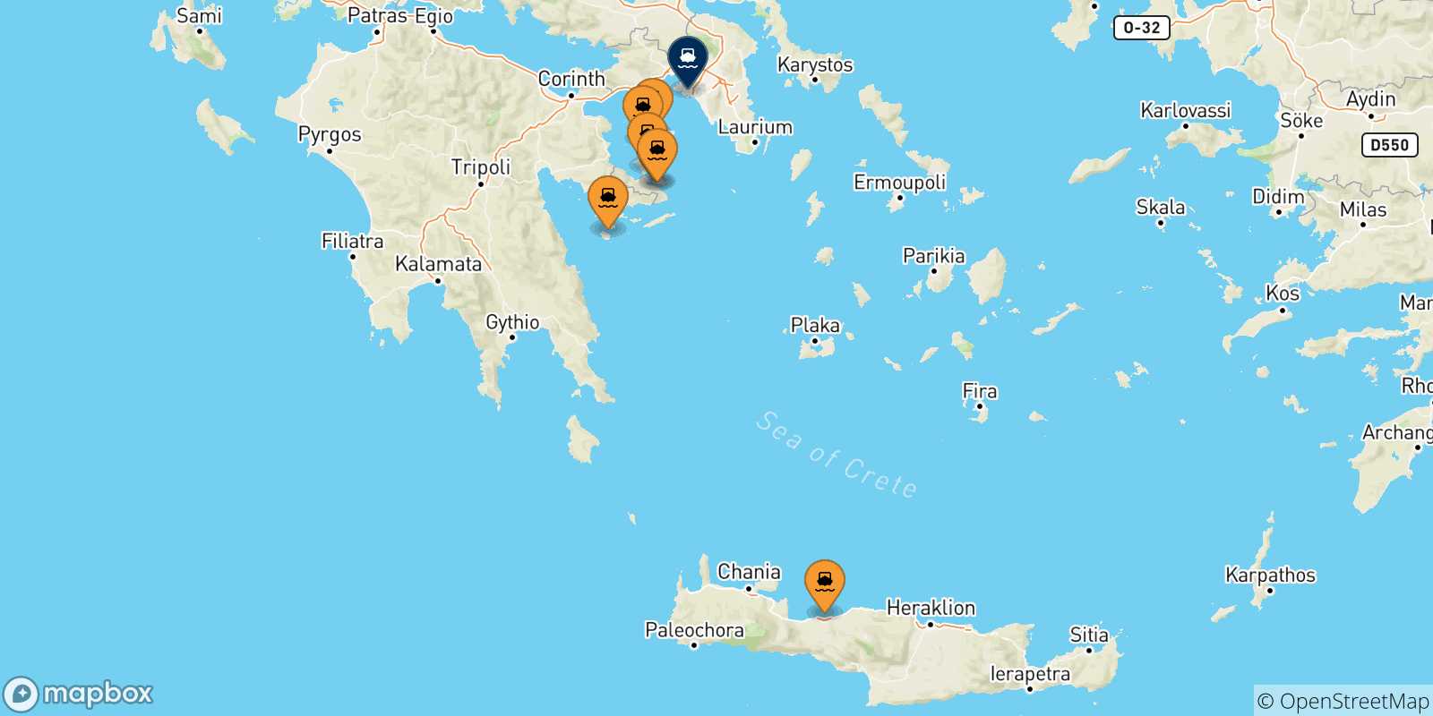 Carte des traversées possibles entre les Îles Saroniques et Le Piree
