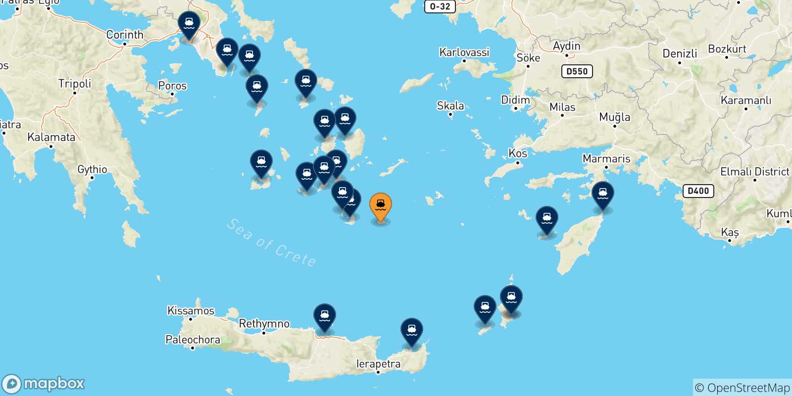 Carte des traversées possibles entre Anafi et la Grèce