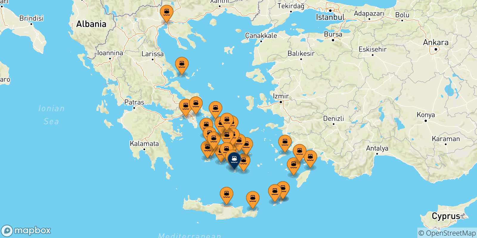 Carte des traversées possibles entre la Grèce et Thera (Santorin)