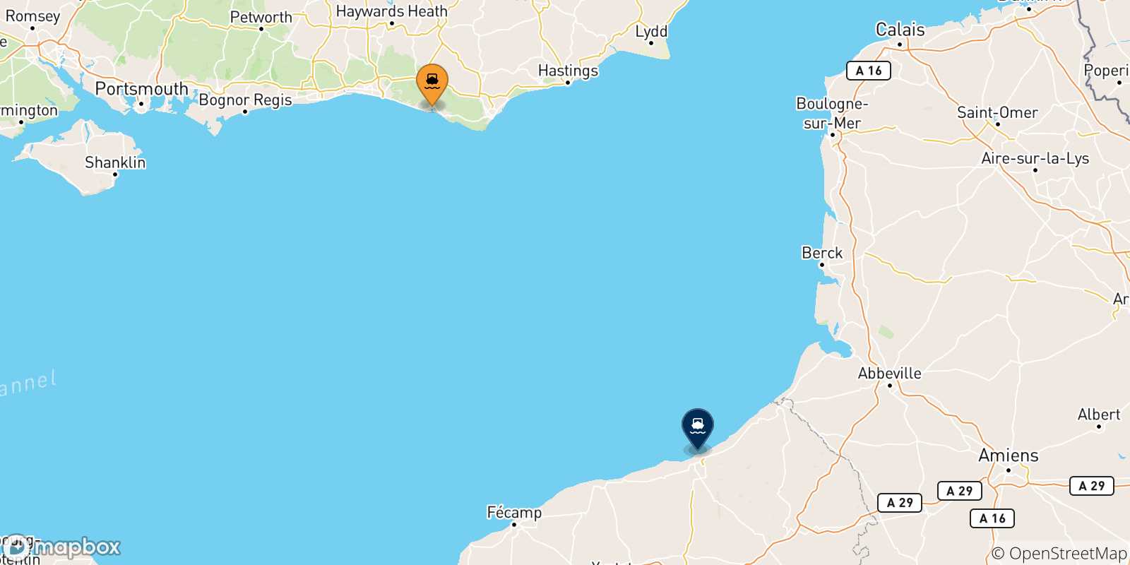 Carte des traversées possibles entre Newhaven et la France