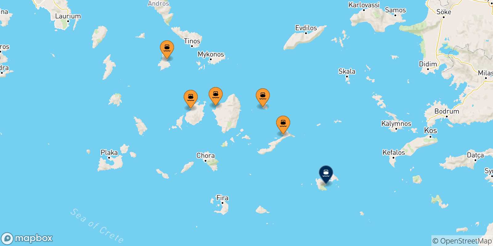 Carte des traversées possibles entre Îles Des Cyclades et Astypalea