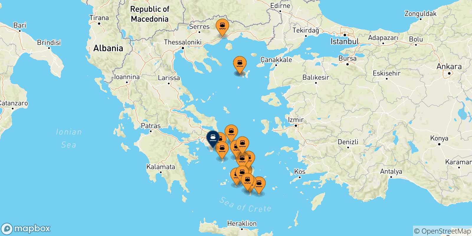 Carte des traversées possibles entre la Grèce et Lavrio