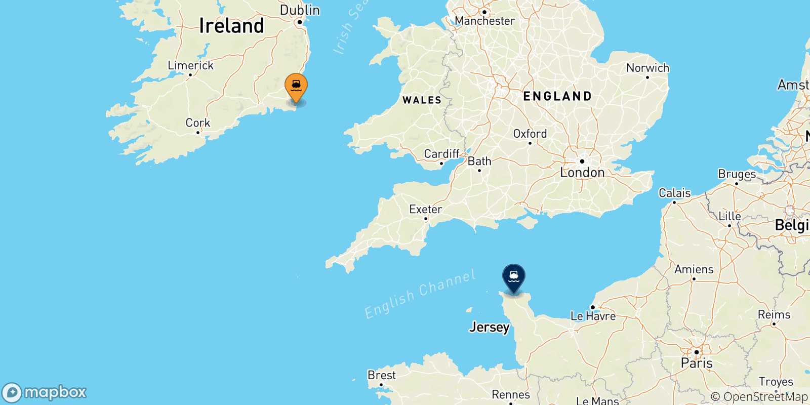 Carte des traversées possibles entre Irlande et Cherbourg