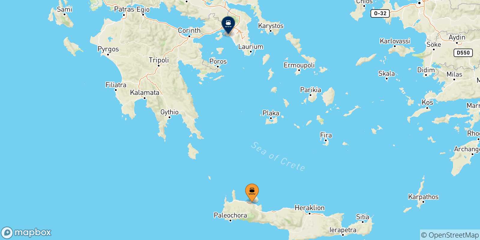 Carte des traversées possibles entre La Canée et la Grèce