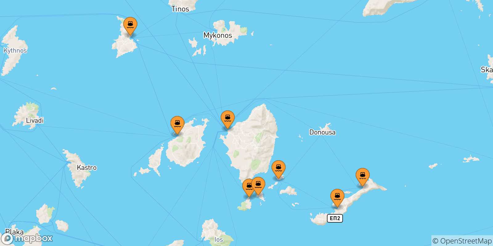 Carte des traversées possibles entre Îles Des Cyclades et Donoussa