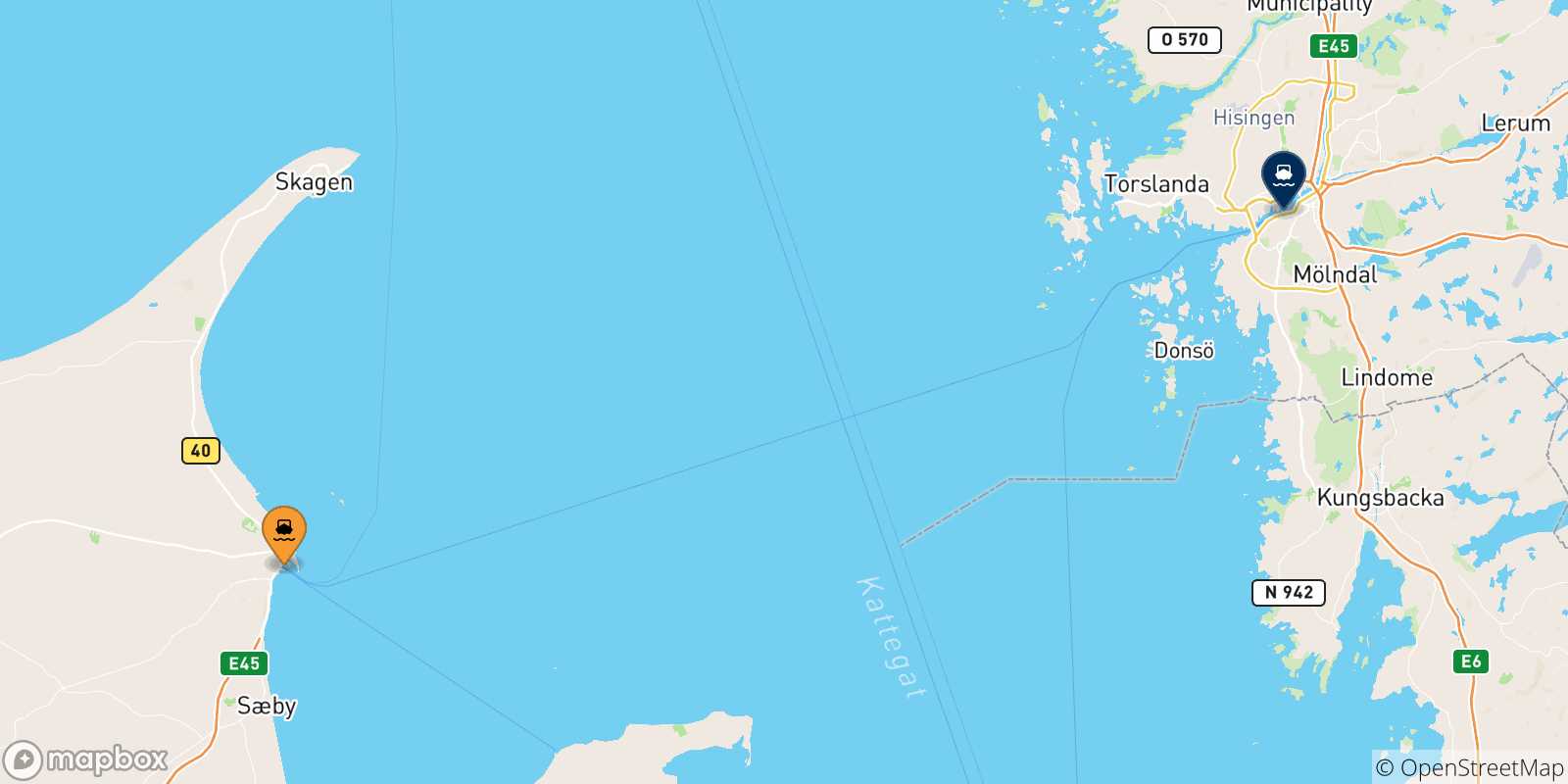 Carte des traversées possibles entre Frederikshavn et la Suède