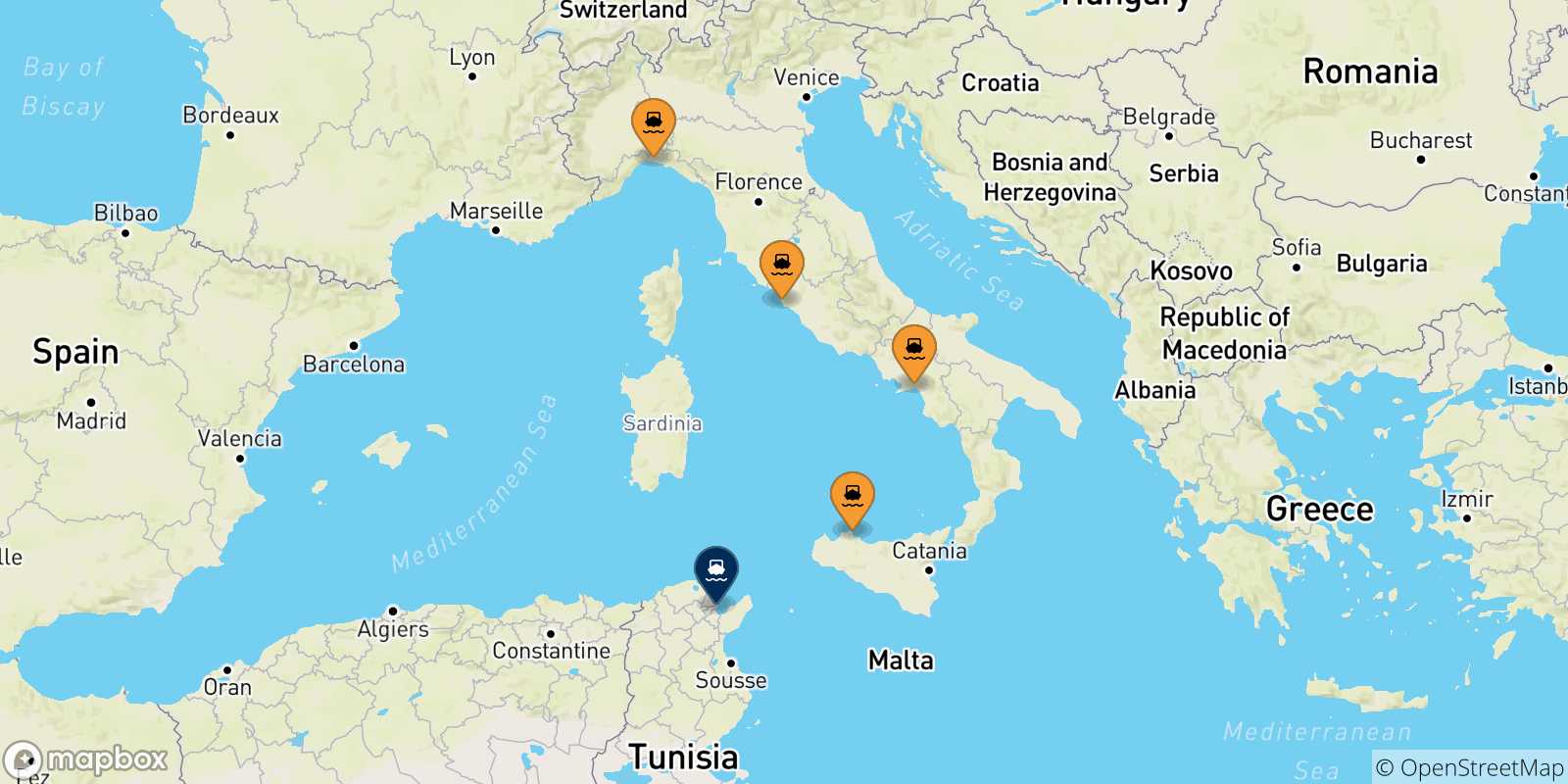 Carte des traversées possibles entre l'Italie et la Tunisie