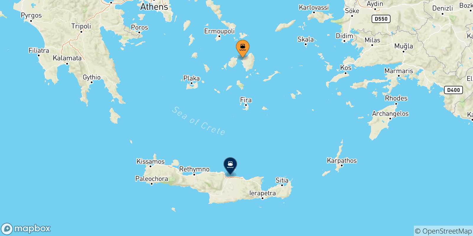 Carte des traversées possibles entre Naxos et la Crète