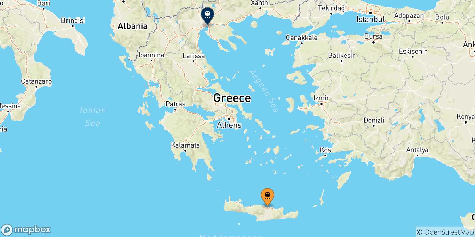 Carte des traversées possibles entre la Crète et Thessalonique