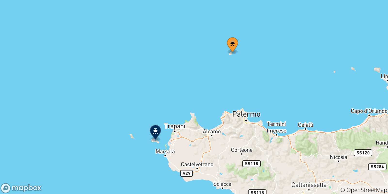Carte des traversées possibles entre l'Île D'ustica et Favignana