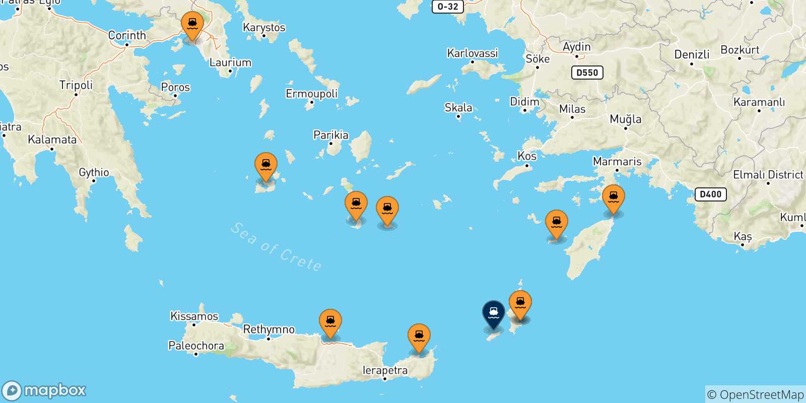 Carte des traversées possibles entre la Grèce et Kassos