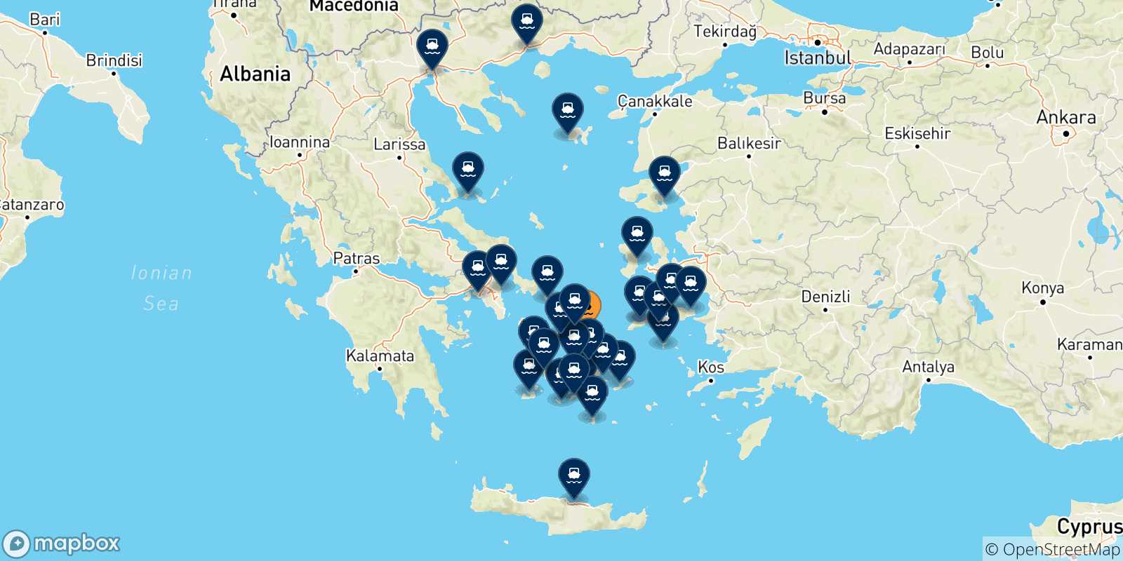 Carte des traversées possibles entre Mykonos et la Grèce