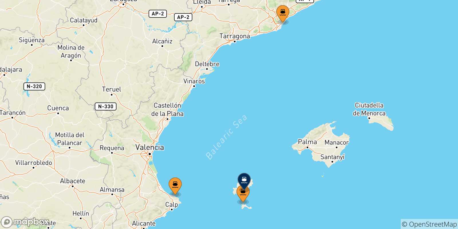 Carte des traversées possibles entre l'Espagne et Ibiza