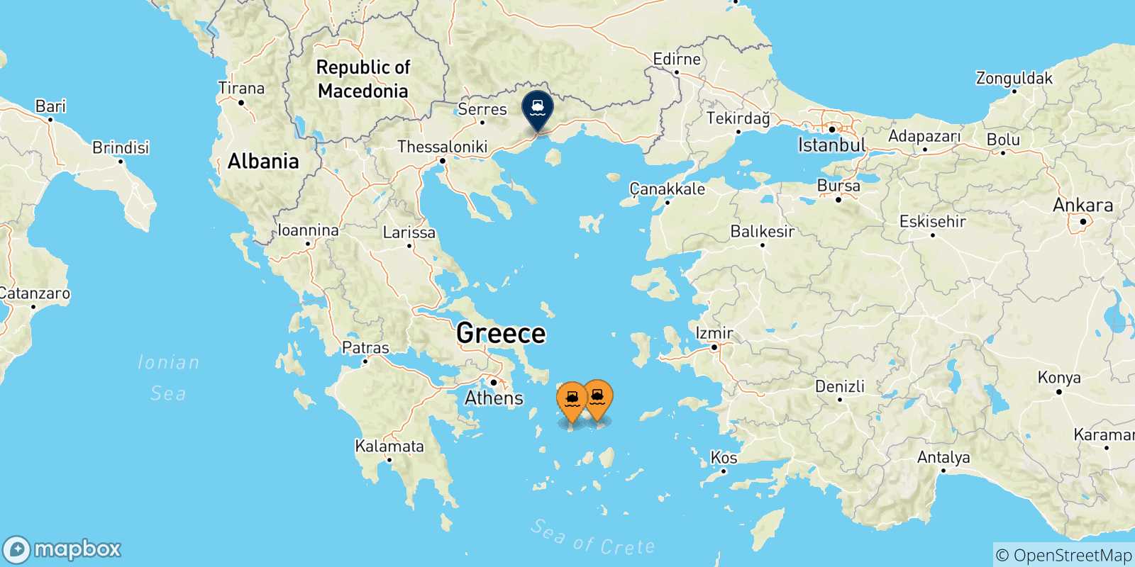 Carte des traversées possibles entre Îles Des Cyclades et Kavala