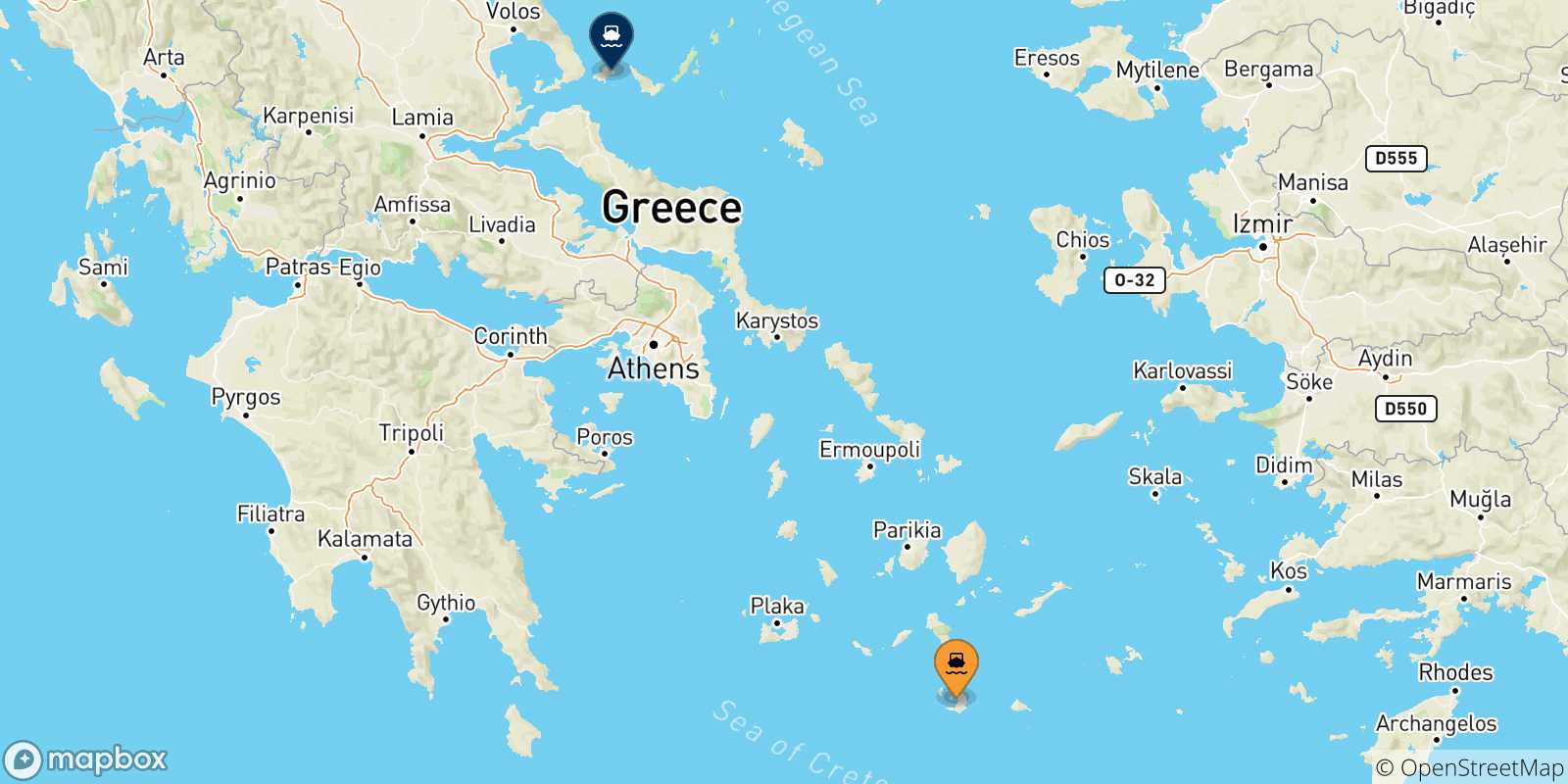 Carte des traversées possibles entre Thera (Santorin) et les Îles Sporades
